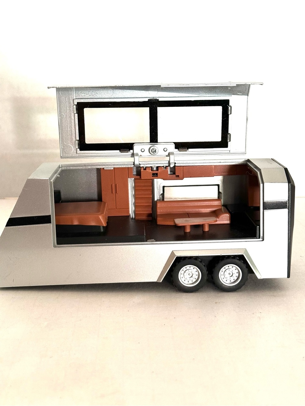 Tesla Cybertruck Silver Toy Camper Trailer Playset Opening Roof Door Steps